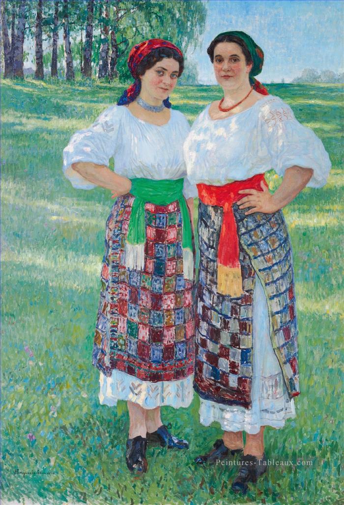 deux femmes en robe latgalienne Nikolay Bogdanov Belsky Peintures à l'huile